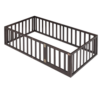 Harper & Bright Designs Twin Walnut Montessori Floor Bed with Fenced Design and Door for Kids - WoodArtSupply