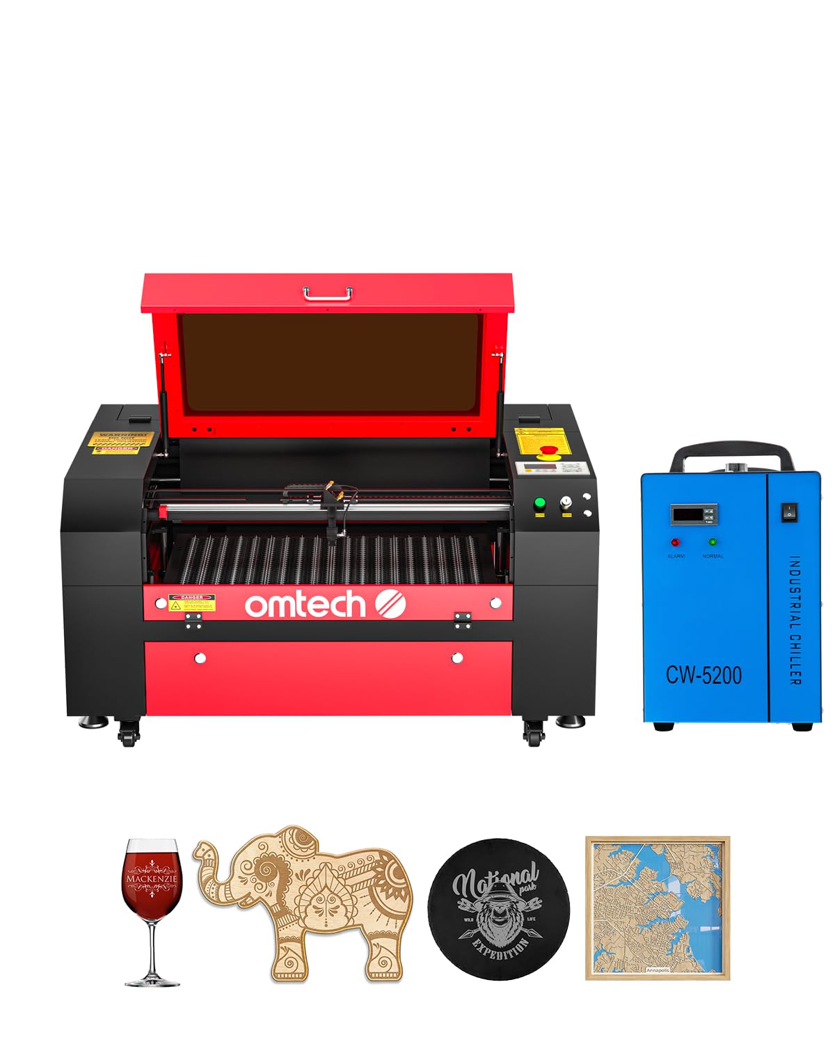 OMTech 60W CO2 Laser Engraver with Water Chiller, 28x20 Inch Laser Engraving Cutting Machine with Autolift 4 Way Pass Air Assist Water Pump, Commercial Laser Engraver Cutter for Wood Glass Mo - WoodArtSupply