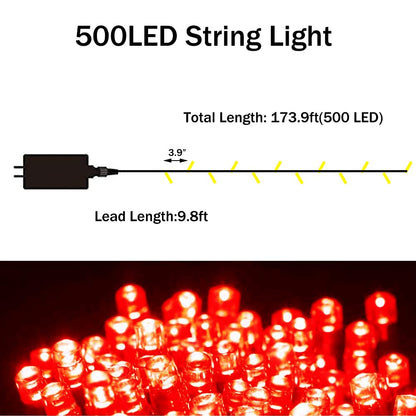 Vicila 500 LED Christmas Light Red, Indoor String Light Plug in Twinkling Hanging Tree Lights Fairy Light for Party, Bar, Bedroom, Outdoor Xmas Tree Decor-173.9ft(Red)