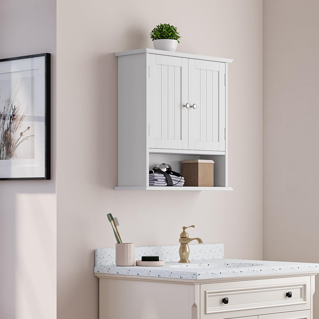 Mino Kesper Bathroom Wall Cabinet, Bathroom Cabinet Wall Mount with 2 Doors and Open Shelf, Over The Toilet Wall Storage Cabinet, Bathroom Medicine Cabinet Mino Kesper