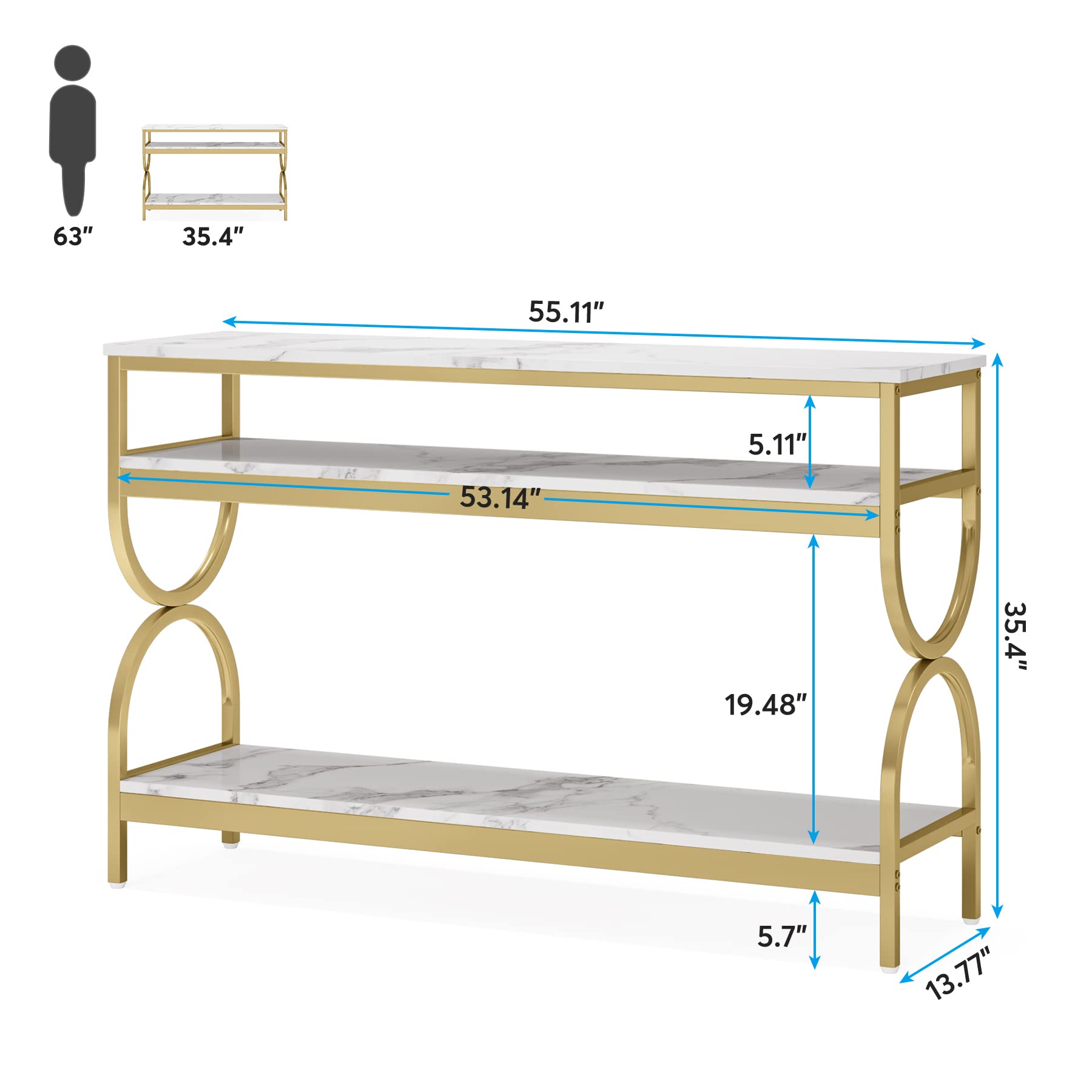 Tribesigns 3-Tier Console Table, 55 inch Sofa Table with Open Storage Shelves, Narrow Long Hallway/Entryway Table with Faux Marble Top for Home Living Room Entryway, White & Gold - WoodArtSupply