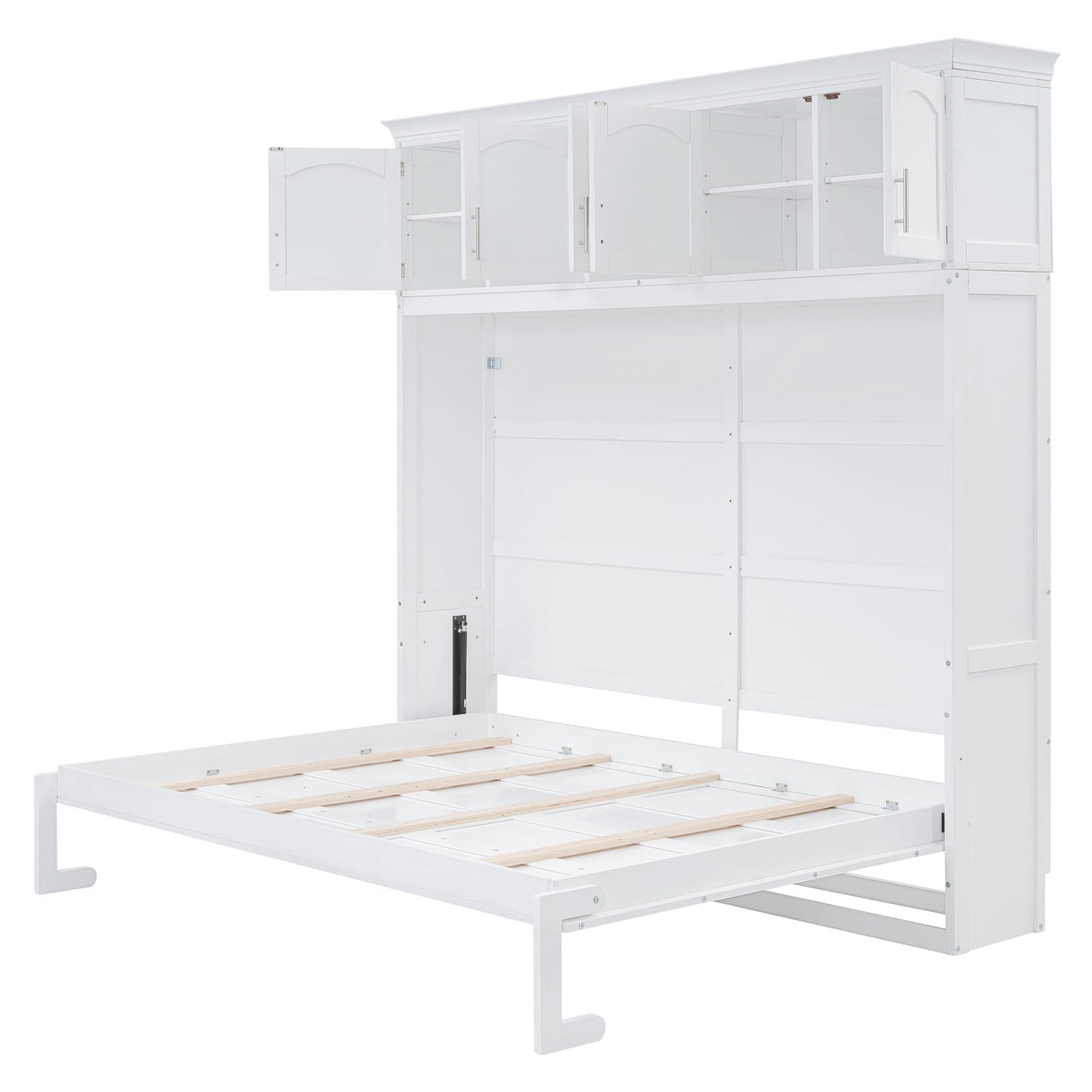 Merax Modern Farmhouse Solid Wood Murphy Bed Chest with Top Cabinets, Tall Wall Platform Bed Space Saving/Wood Slat Support Full,White Merax