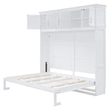 Merax Modern Farmhouse Solid Wood Murphy Bed Chest with Top Cabinets, Tall Wall Platform Bed Space Saving/Wood Slat Support Full,White Merax