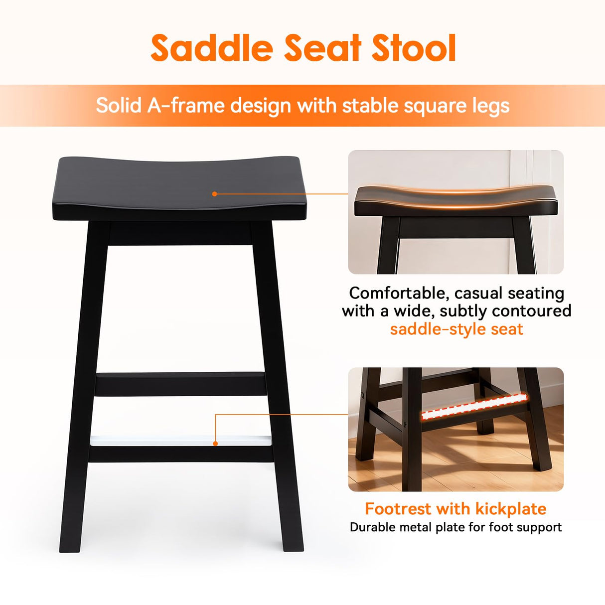 PayLessHere Bar Stools Set of 2, Wooden Saddle Stools 24 Inch Heigh, Bar Chairs Seat with Footrests and Industrial, Kitchen Counter Stools for Restaurant, Bistro Bar and Home Dining PayLessHere