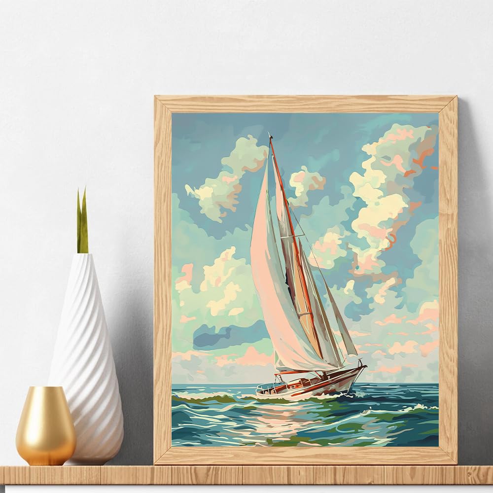 Natuyalo Paint by Numbers Kit for Adults Beginners, 16" Wx20 L Canvas Pictures Drawing Acrylic Paintwork with 3 Pcs Paintbrushes, Sailboat in Waves Natuyalo
