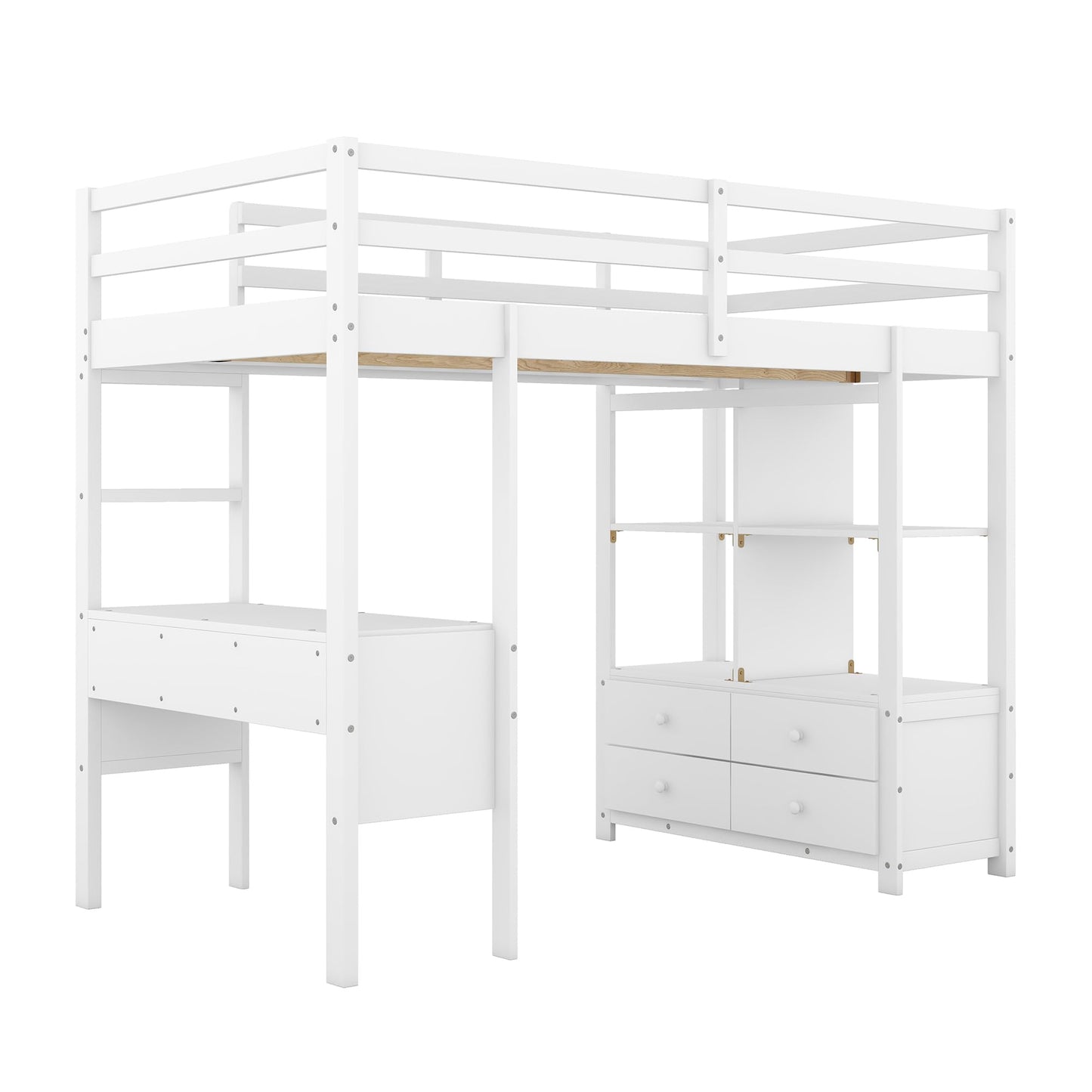 Twin Size Loft Bed with Storage Cabinet and Desk, Wooden Twin Loft Beds Frame with Bookcase and Shelves, Modern Twin Loft Bunk Bed for Kids Teens Adults Boys & Girls (Twin Size, White)