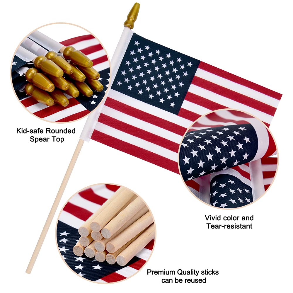12 Pack Small American Flags on Stick Small US Flags/Mini American Flags for Outside 4x6 Inch American Hand Held Stick Flags with Kid-Safe Spear Top, Patriotic Veterans Day Decorations, 4th of July Decorations Uelfbaby