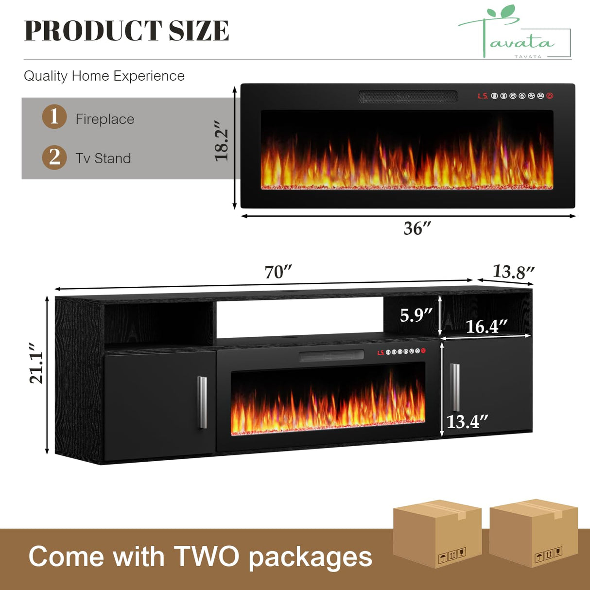 TAVATA 70" Floating TV Stand with 36" Electric Fireplace - Wall Mounted Entertainment Center with LED Lights & Storage Cabinet, Modern Media Console for Living Room, Supports TVs up to 80" (Black) TAVATA