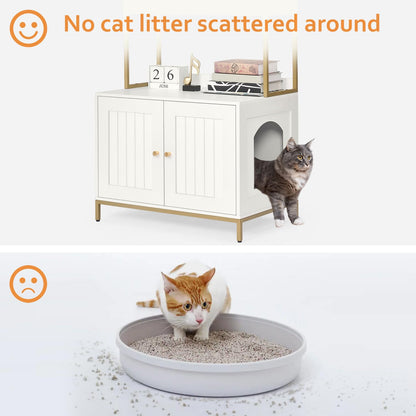 Homhedy Cat Litter Box Enclosure, Litter Box Furniture Hidden with 2-Tier Storage Shelves, Wooden Cat Washroom Furniture with Metal Frame, Cat House, Modern Style, White and Gold - WoodArtSupply