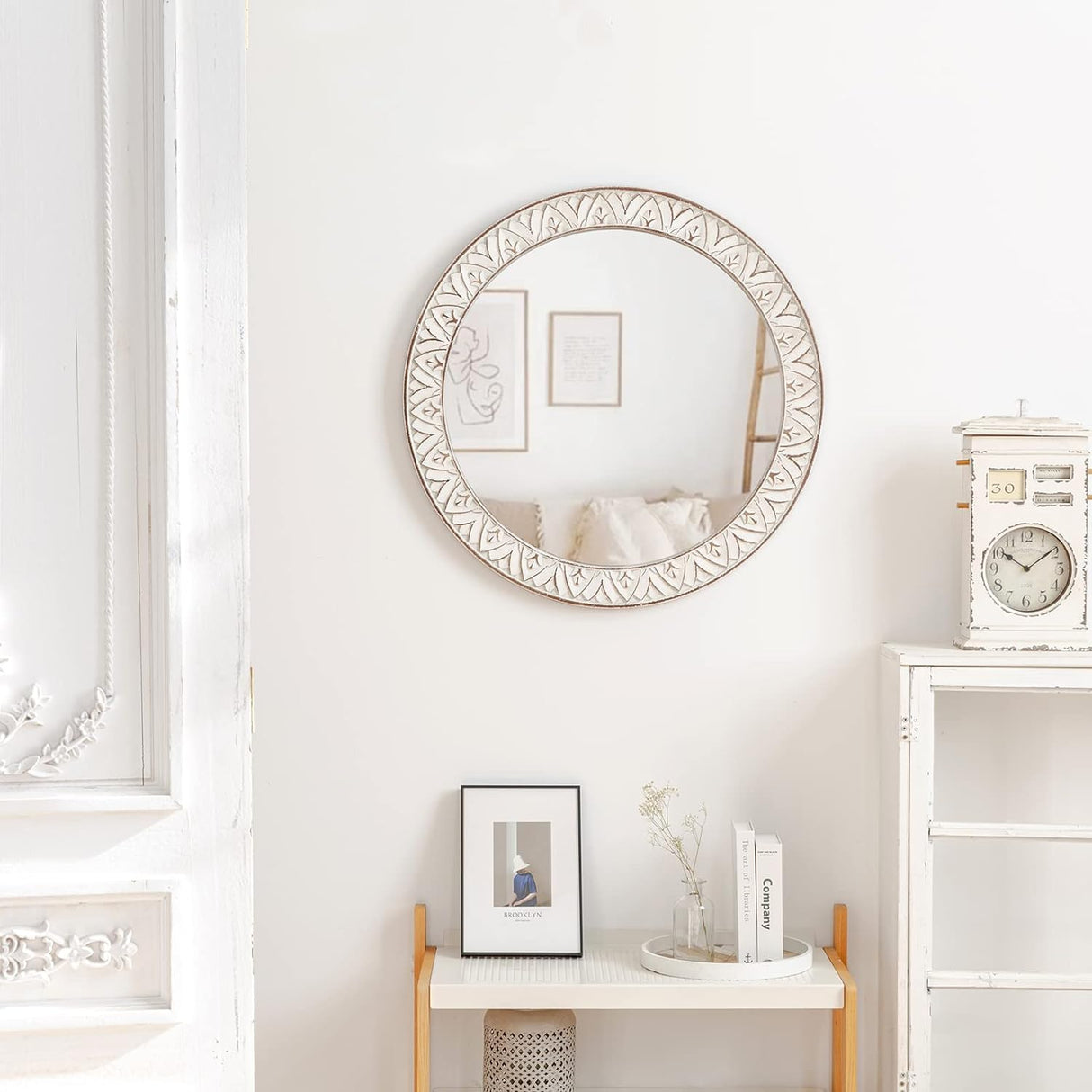 30" Round Wall Mirror, Farmhouse Wooden Frame Circle Mirrors, Rustic Large Decorative Wall Mounted Bathroom Mirror Distressed Hanging Mirrors for Living Room, Bedroom, Entryway, Fireplace, Hall fuxuiwy