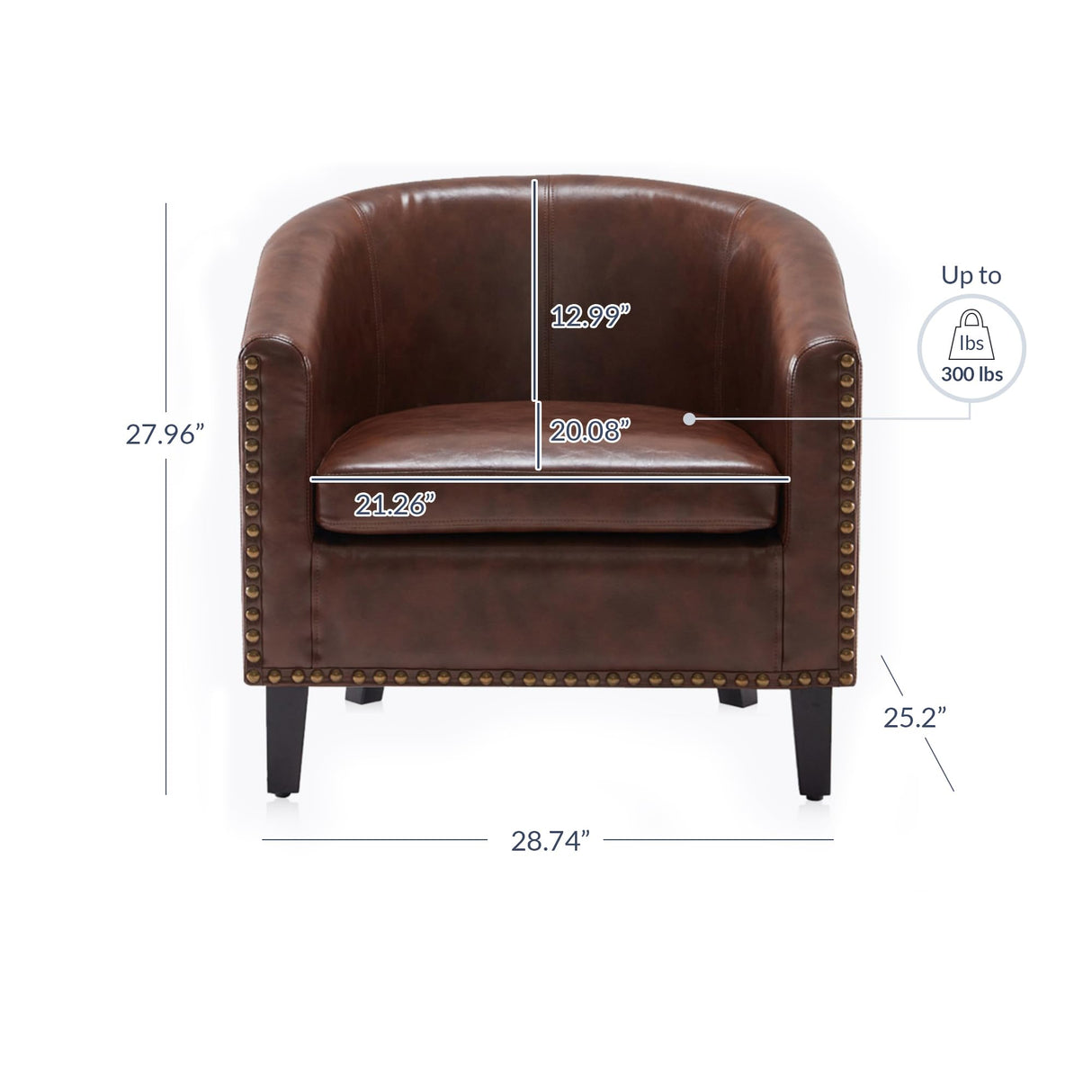 BELLEZE Accent Barrel Chairs Set of 2, Modern Tub Club Chairs Upholstered Armchairs for Living Room, Faux Leather Chairs with Gold Nail Head Trim Black Legs - Kyara (Brown) BELLEZE