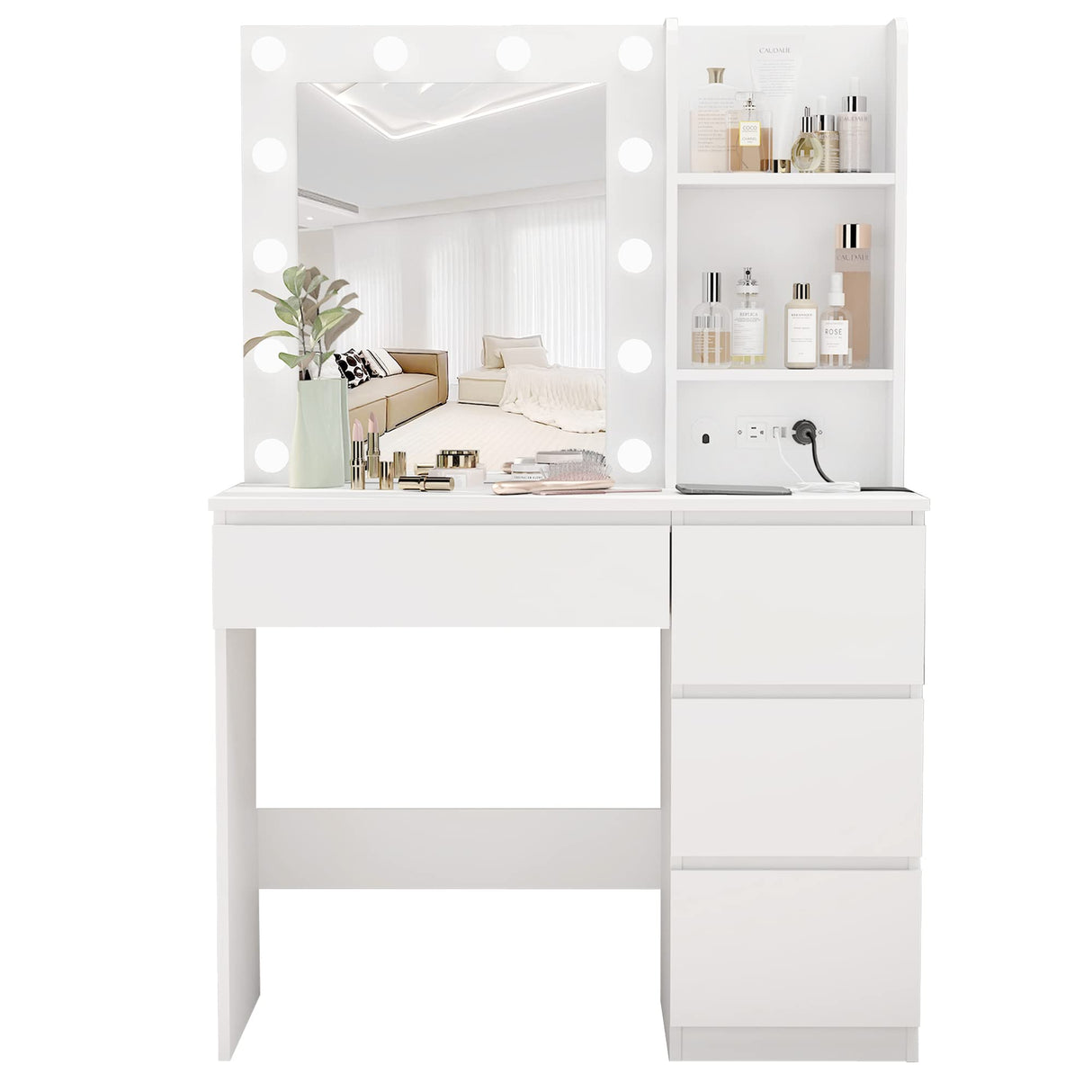 Vabches Makeup Vanity with Lights, 37inch Vanity Desk with Power Strip, 4 Drawers Makeup Table with Lighted Mirror, 3 Lighting Colors, White Vabches
