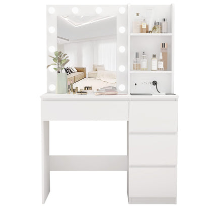 Vabches Makeup Vanity with Lights, 37inch Vanity Desk with Power Strip, 4 Drawers Makeup Table with Lighted Mirror, 3 Lighting Colors, White