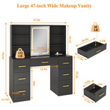 47'' W Large Vanity Desk with Mirror and Lights, 8 Storage Shelves 7 Drawers Vanity Table, Big Makeup Vanity Desk with 3 Lighting Modes, Vanity Dresser with Charging Station, Sliding Mirror (Black) knoworld