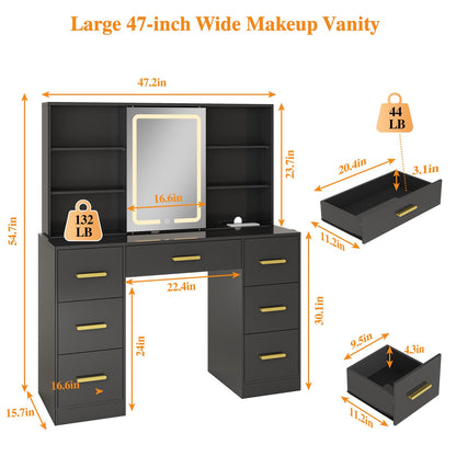 47'' W Large Vanity Desk with Mirror and Lights, 8 Storage Shelves 7 Drawers Vanity Table, Big Makeup Vanity Desk with 3 Lighting Modes, Vanity Dresser with Charging Station, Sliding Mirror (Black)