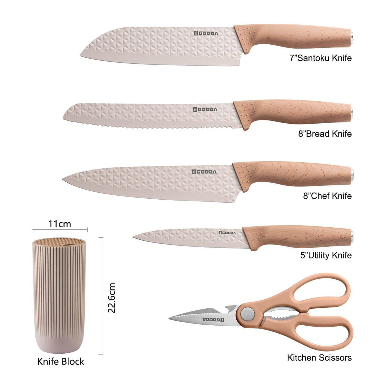 GOODA Kitchen Knife Set With Block,6-Piece Professional Chef Cooking Knives Set For Kitchen,Non-Stick Stainless Steel Knife Block Set (Khaki) GOODA