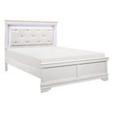 Benjara Teich Queen Bed, LED, Crystal Tufted Faux Leather Upholstery, White Wood Benzara