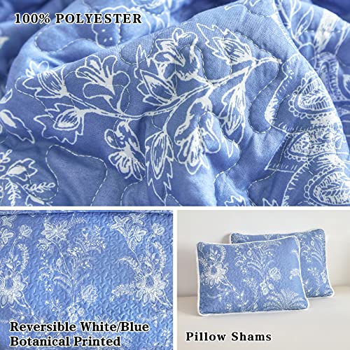 Flysheep Reversible Quilt Set Full Queen Size, 3 Pieces White Blue Botanical Floral Printed Summer Bedding Set, Soft Microfiber Lightweight Bedspread/Coverlet for All Season - 92"x90" Flysheep