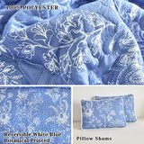 Flysheep Reversible Quilt Set Full Queen Size, 3 Pieces White Blue Botanical Floral Printed Summer Bedding Set, Soft Microfiber Lightweight Bedspread/Coverlet for All Season - 92"x90" Flysheep