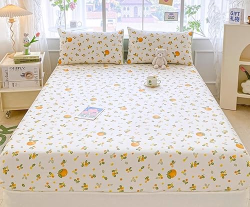 100% Cotton Fitted Sheet with Elastic Band +2pc Pillowcases Orange Fruit Print Double Queen Cal-King Size Mattress Cover for Girls Boys B99A (Queen (U.S. Standard)) Generic