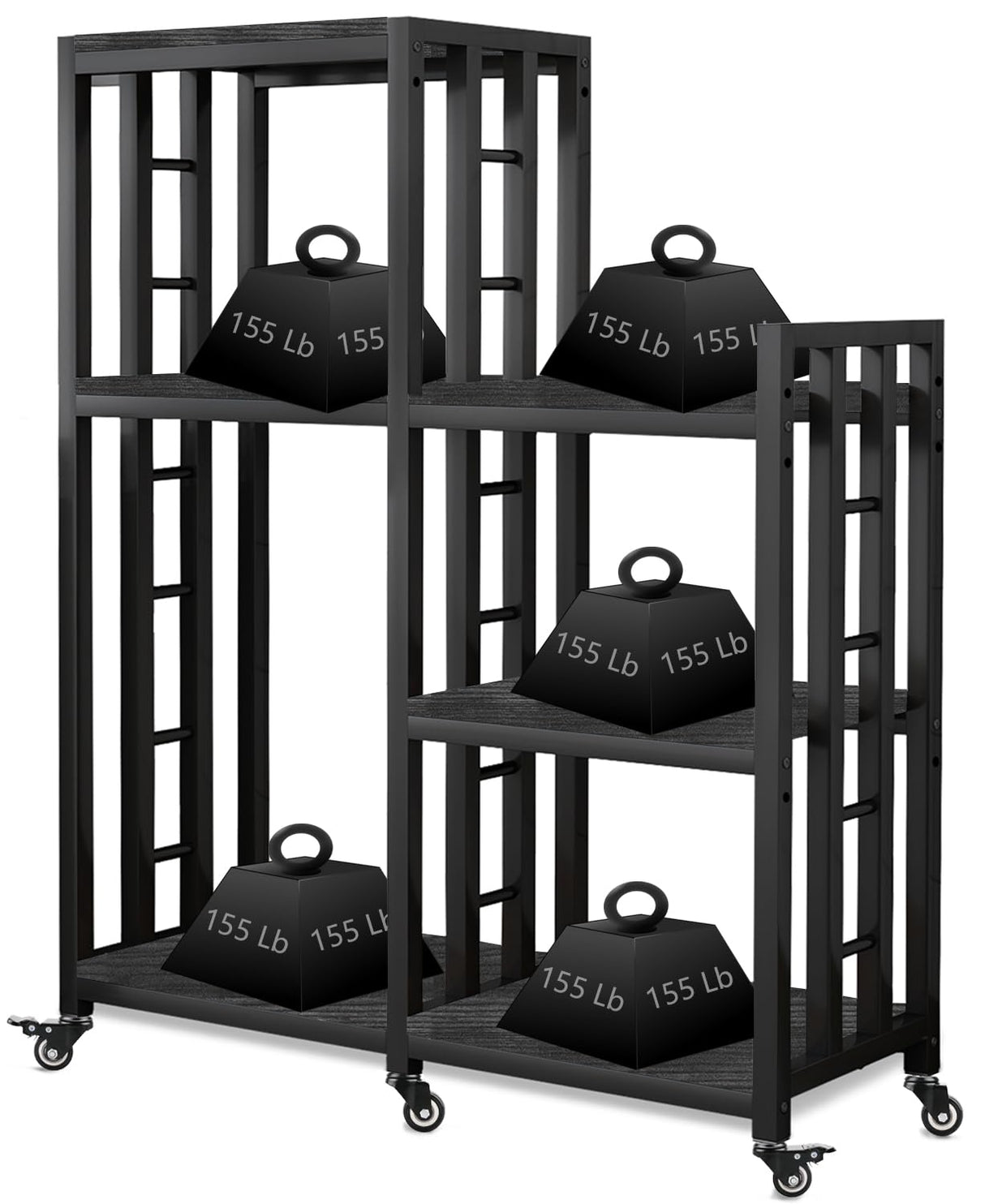 6-Tier Kitchen Bakers Rack, Multifunctional Storage Shelf, Mini Fridge & Microwave Oven Stand Table, Coffee Bar, Adjustable Kitchen Shelves Freestadning (Charcoal Black Wood Grain Print with wheels) YCHF