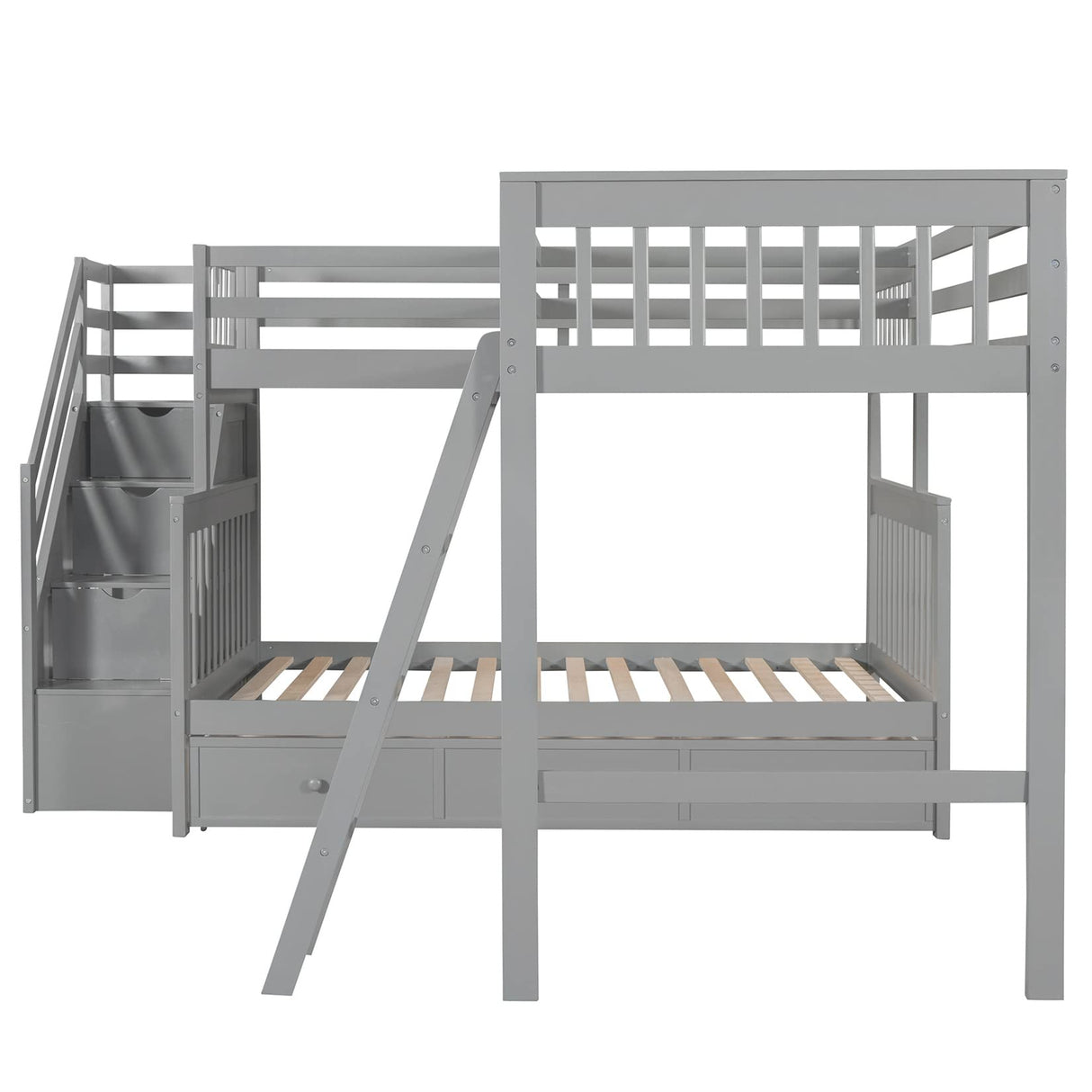 Bellemave L-Shape Triple Bunk Beds with Stairs and Storage Drawers Twin Over Full Bunk Bed Attached a Loft Bed with Drawers Wood Corner Bunked for 3 Kids Boys Girls Teens, Gray Bellemave