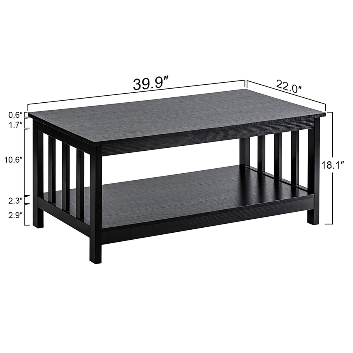 ChooChoo Mission Coffee Table, Black Wood Living Room Table with Shelf, 40 Black ChooChoo