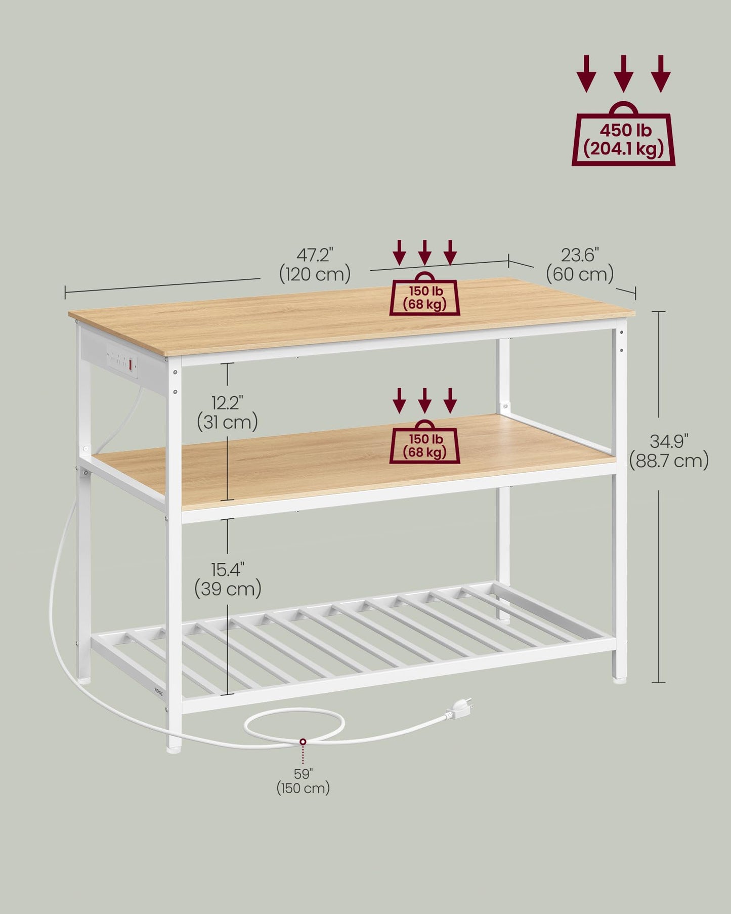 VASAGLE Kitchen Island with 3 Shelves, 47.2 Inches Width Kitchen Shelf with Power Strip, Large Worktop, Stable Steel Structure, Industrial, Easy to Assemble, Golden Oak and White UKKI101Y01