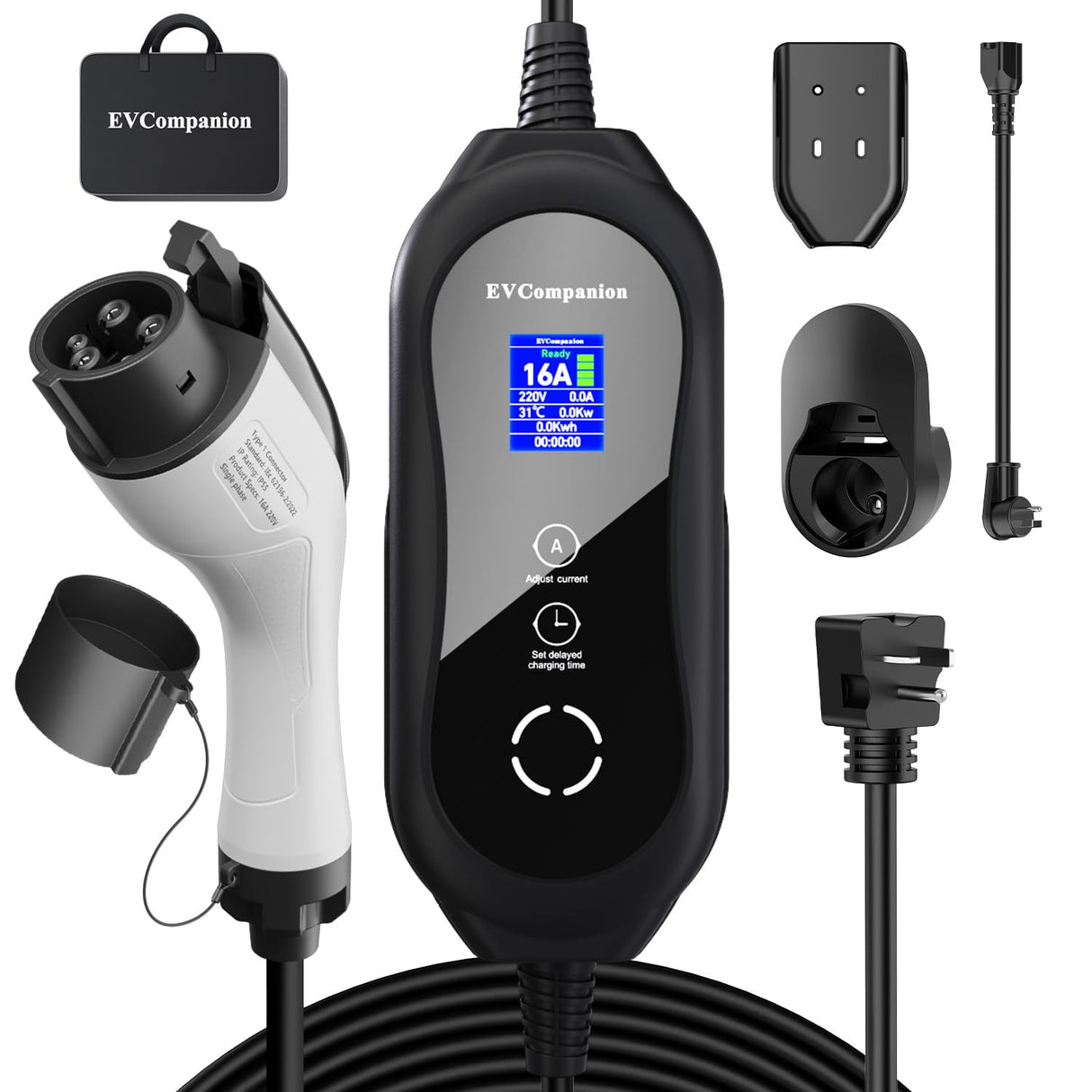 EVCompanion Level 1-2 EV Charger (16 Amp 110-240V 24ft Cable), Portable Electric Vehicle Charger with NEMA 6-20 Plug NEMA 5-15 Adapter,Plug-in Home EV Charging Station for SAE J1772 Evs EVCompanion
