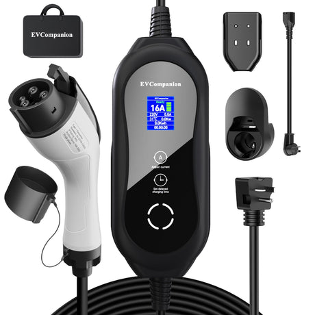 EVCompanion Level 1-2 EV Charger (16 Amp 110-240V 24ft Cable), Portable Electric Vehicle Charger with NEMA 6-20 Plug NEMA 5-15 Adapter,Plug-in Home EV Charging Station for SAE J1772 Evs EVCompanion