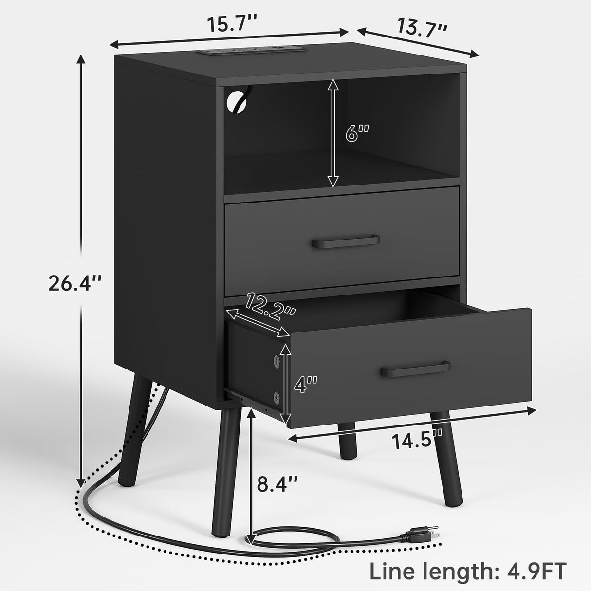 Diliplain Nightstand with Charging Station, Black Night Stand with LED Lights, Modern Side Table with Drawers and Open Shelf, End Table with Solid Wood Legs for Bedroom Diliplain