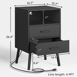 Diliplain Nightstand with Charging Station, Black Night Stand with LED Lights, Modern Side Table with Drawers and Open Shelf, End Table with Solid Wood Legs for Bedroom Diliplain
