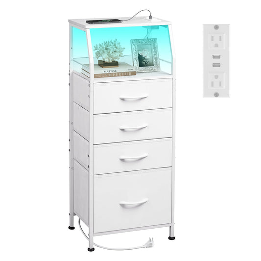 WLIVE Night Stand with Charger Station, White Nightstand with LED Light and 4 Storage Drawers, Tall Dresser for Bedroom, 37.48" H Bedside Table with Fabric Bins, Wood Shelf