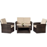 4 Pieces Patio Conversation Set, Outdoor PE Rattan Wicker Sofa Furniture Set with Soft Cushions and Glass Coffee Table for Backyard Lawn Garden Balcony Porch Poolside,Brown PayLessHere