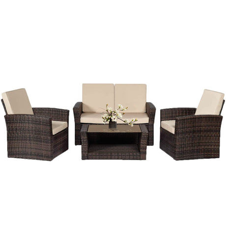4 Pieces Patio Conversation Set, Outdoor PE Rattan Wicker Sofa Furniture Set with Soft Cushions and Glass Coffee Table for Backyard Lawn Garden Balcony Porch Poolside,Brown PayLessHere