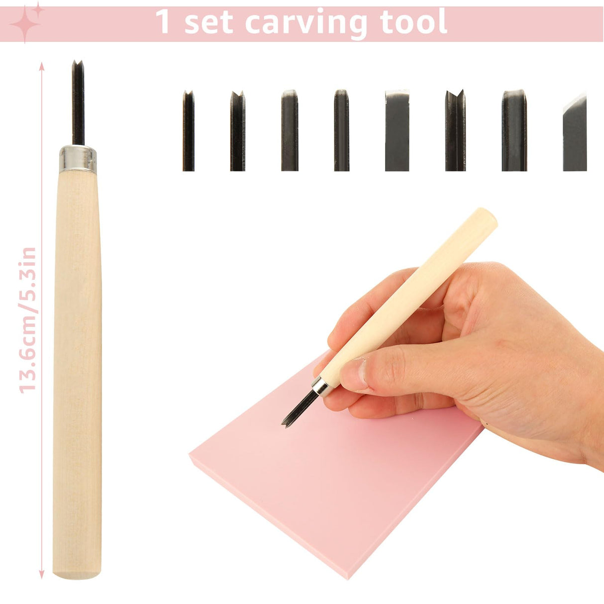 DIRBUY 10 Pack Rubber Stamp Making Kit - Block Printing Kit，Linoleum Carving Tools with 8 Type Blades, 8 Pcs Pink Rubber Carving Block and Rubber Brayer Roller DIRBUY