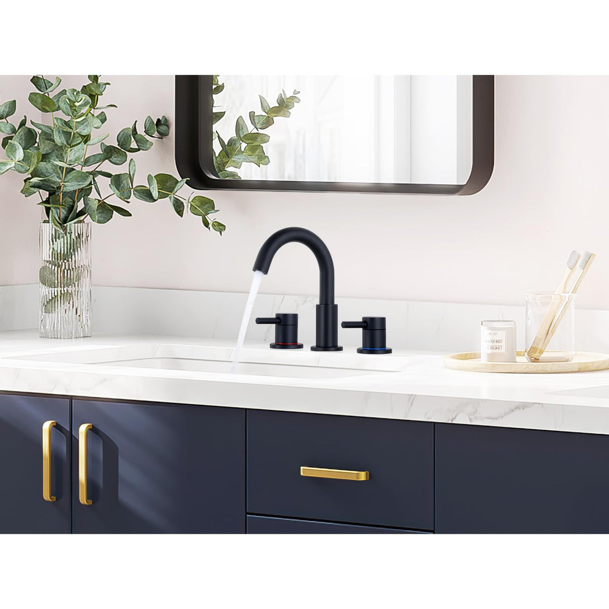 KZH Matte Black Bathroom Faucet 3 Hole, 8 inch Widespread Bathroom Faucet with Pop Up Drain, Bathroom Sink Faucet with 360° Swivel Spout, 2 Handle Vanity Faucet with Water Supply Hoses KZH