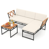 Tangkula 3 Pieces L-Shaped Outdoor Furniture Set, Acacia Wood Patio Sectional Cushioned Conversation Sofa with Square Coffee Table, for Porch, Backyard & Poolside (Beige) Tangkula