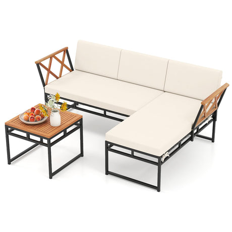 Tangkula 3 Pieces L-Shaped Outdoor Furniture Set, Acacia Wood Patio Sectional Cushioned Conversation Sofa with Square Coffee Table, for Porch, Backyard & Poolside (Beige) Tangkula