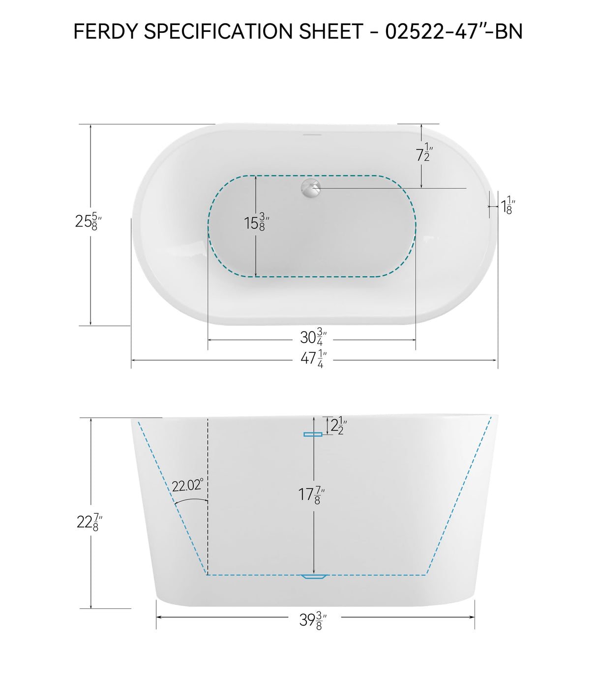 FerdY Shangri-La 47" Acrylic Freestanding Bathtub, Small Classic Oval Shape Acrylic Soaking Bathtub with Chrome Drain & Minimalist Linear Design Overflow, Modern White, cUPC Certified FerdY