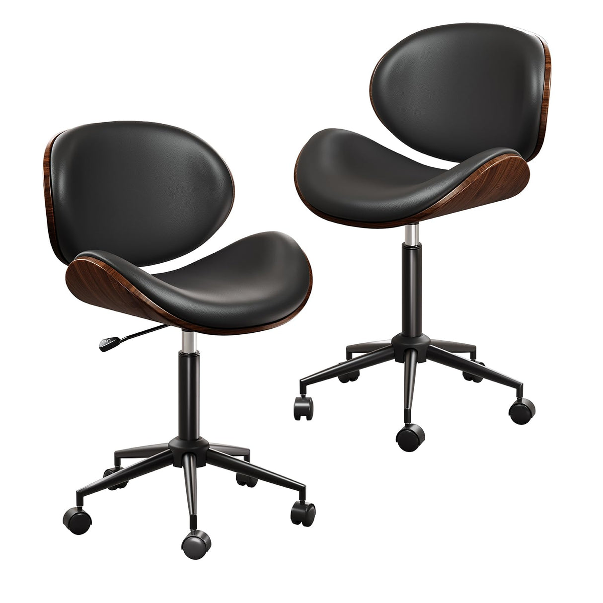 LUXOAK Ergonomic Home Office Desk Chair Set of 2, Mid-Century Modern Armless Chair with PU Leather/360°Swivel Wheels/Seat Height Adjustable for Office, Study, Black LUXOAK