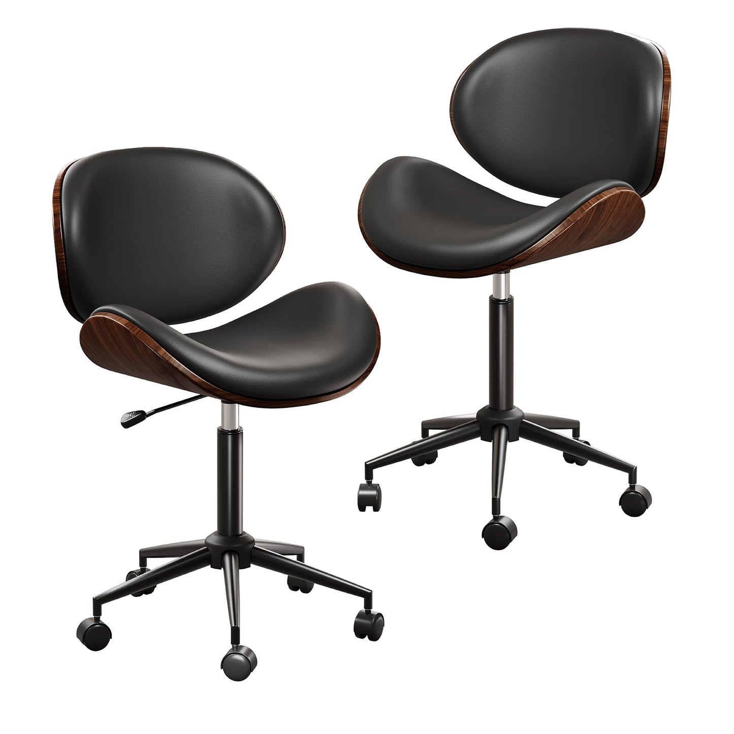 LUXOAK Ergonomic Home Office Desk Chair Set of 2, Mid-Century Modern Armless Chair with PU Leather/360°Swivel Wheels/Seat Height Adjustable for Office, Study, Black