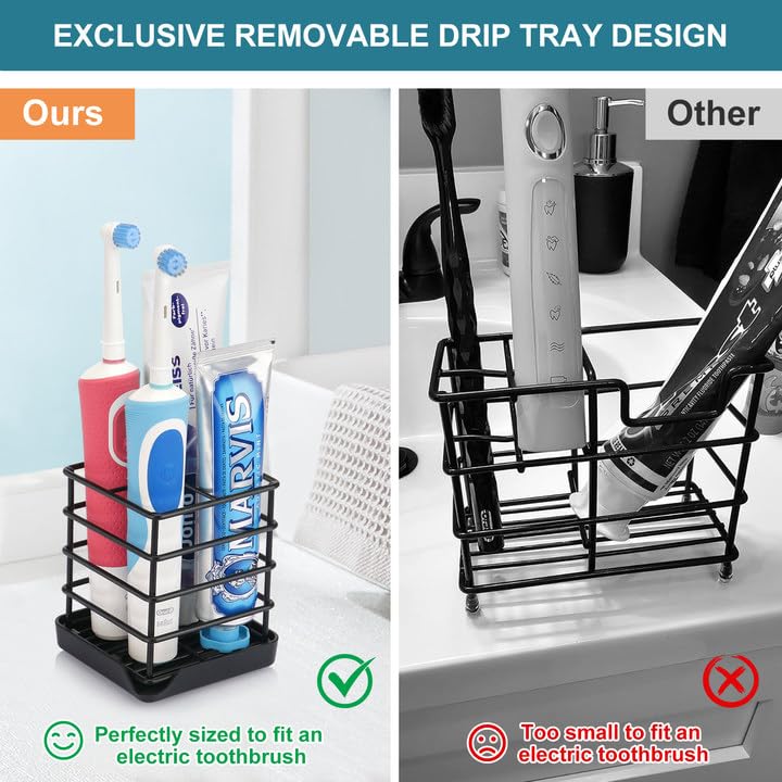 Toothbrush Holders for Bathrooms, Stainless Steel Bathroom Toothbrush Holder Kids Electric Tooth Brushing Holder Stand and Toothpaste Holder for Bathroom Accessories Organizer with Tray, Black (Small) Chintu