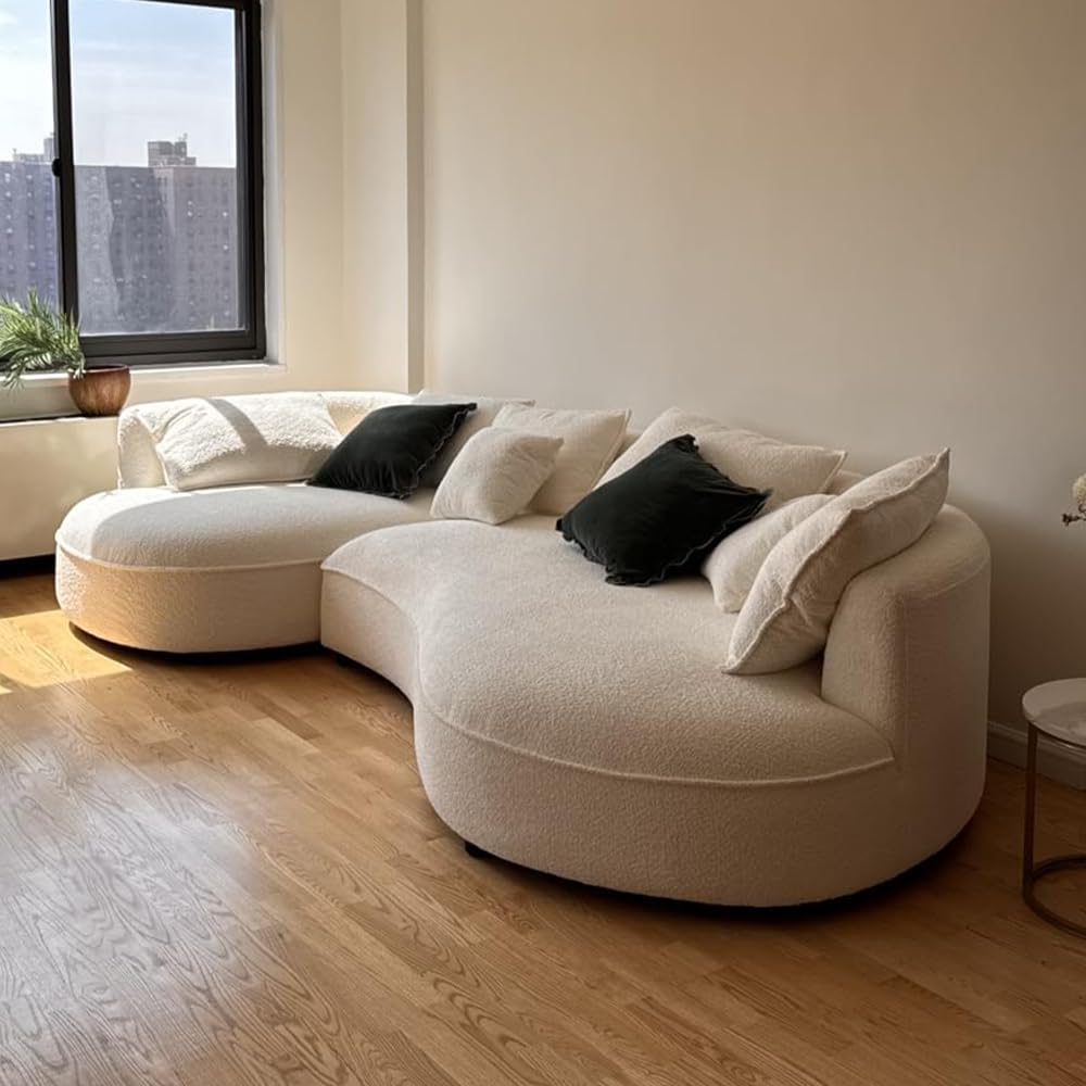 WILLIAMSPACE 124.8" Boucle Curved Sofa Couch, Modern Upholstery Cloud Sofa with Pillows, Left Hand Facing Sectional Boucle Fabric Couch for Living Room (Left-Facing,Light Cream) WILLIAMSPACE