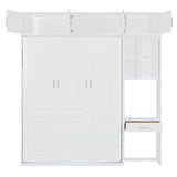 P PURLOVE Wood Queen Murphy Bed with Desk, Modern Wall Bed with Top Cabinet and Storage Shelves, Space Saving, No Box Spring Needed (White) P PURLOVE