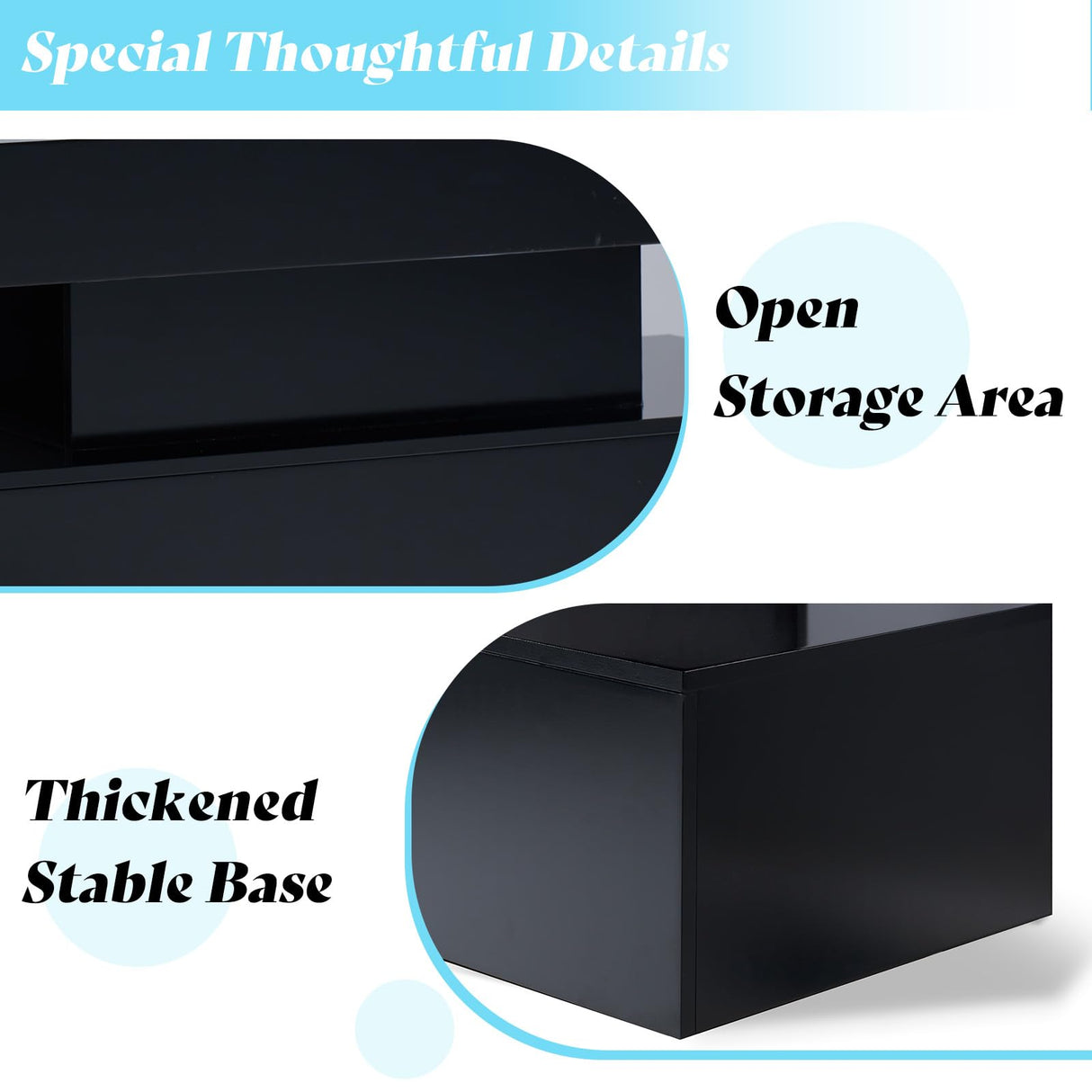 AMERLIFE High Gloss LED Coffee Table, Modern 2-Tier Center Table with LED Lights, Open Storage Space, 40in Simple Rectangular Sofa Side Table for Living Room, Black AMERLIFE