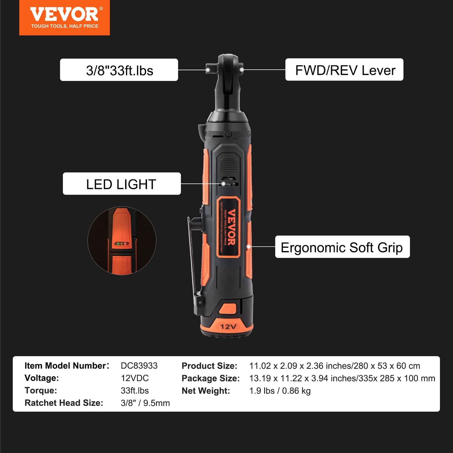 VEVOR 3/8" Cordless Electric Ratchet Wrench Set, 33 Ft-lbs 12V Power Ratchet Tool Kit with 45-Min Fast Charge, 2-Pack 2.0Ah Battery, Built-in LED Light, Variable Speed Trigger, 10 Sockets - WoodArtSupply