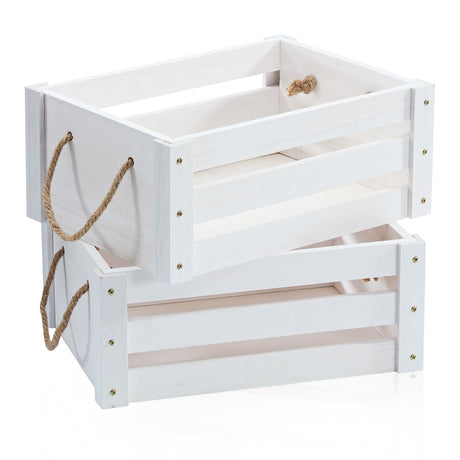 ROSOS Wooden Crates, Farmhouse Wood Crates for Storage with Rope Handles, Solid Wooden Crates for Display, Durable Wooden Crate Box, Handmade Wooden Box, Wooden Crates for Decor, White Crate, 2 Pack ROSOS