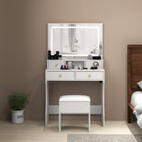 Vanity Desk Set with Adjustable LED Lighted Mirror, Girls Makeup Dressing Table with Stool and 4 Drawers Storage Makeup Table with Power Outlet for Bedroom (White) Panana