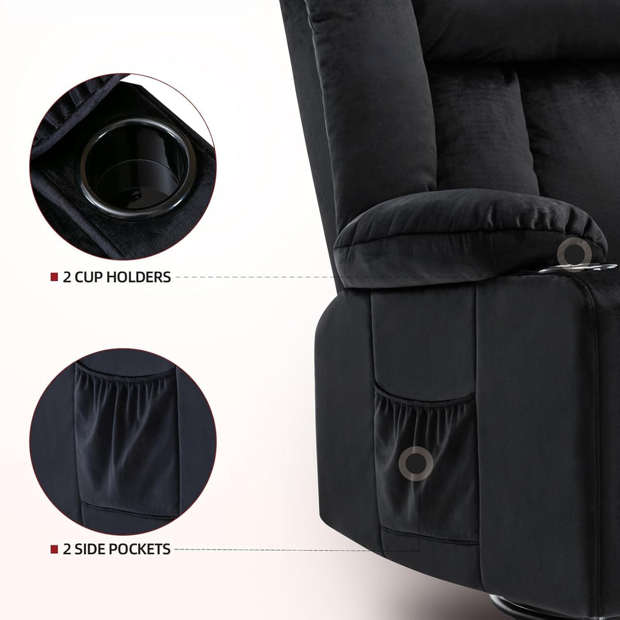 COMHOMA Recliner Chair,360° Swivel Rocker Glider Recliners with Cup Holders, Upholstered Fabric Rocking Chair for Adults,Manual Reclining Single Sofa for Living Room,Black COMHOMA